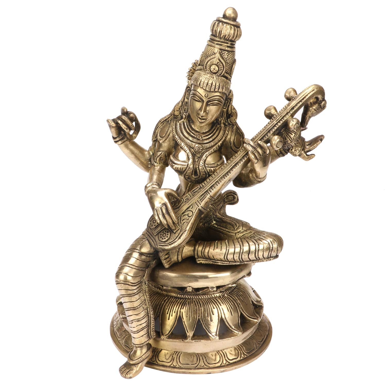 Kartique Brass Saraswati Idol With Veena, Antique Gold Finish, 12 Inches Height, For Home Decor, Pooja Room, And Gifts